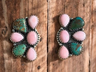 Pink Conch & Pilot Mountain Turquoise Sterling Silver Cluster Earrings