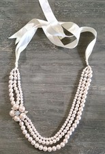 Triple Strand Faux Pearl Rhinestone Enamel Flower Ribbon Vintage Necklace