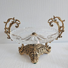 Vtg Rococo Ornate Centerpiece Bowl Compote Cut Crystal Gilded Metal Stand Patina