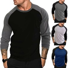 Mens Long Sleeve Baseball T-Shirt Raglan Sleeve Casual Adults Tee Contrast Tops