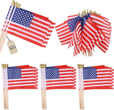 25 Pcs Small American Flags on Stick 4X6 Inch Mini American Flags Patriotic Deco