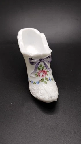 Vintage Fenton Handpainted Milk Glass Slipper Shoe Signed Numbered Cabbage Rose
