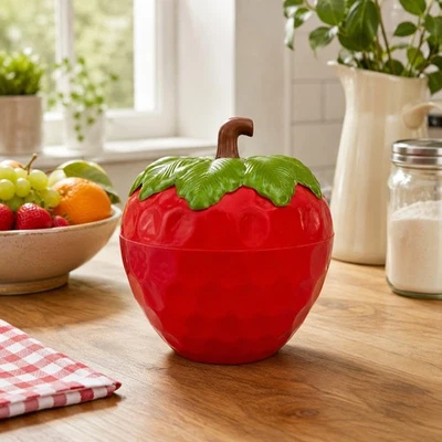 Seau à glaçons vintage en forme de fraise – Plastique rouge avec couvercle - Photo 1/4