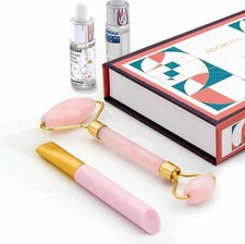 Rose Quartz Roller Handcrafted Anti Aging Facial Massage w/Facial Brush
