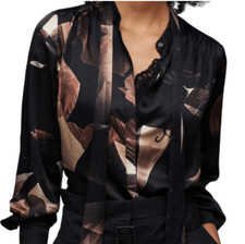 AllSaints Toni Iris Silk Blend Shirt Button Up Coffee Brown NEW