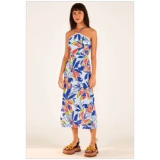 NWT FARM Rio Blue color birds midi dress size XL linen viscose C9
