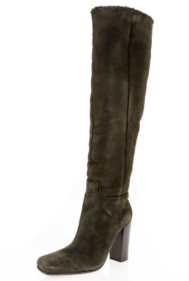 Prada Womens Brown Gray Shearling Pull On Knee High Tall Heel Boots Size 39