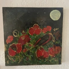 Poppies Acrylic Mixed Media Painting 12” Sq Cradled Wood Panel  Impressionist