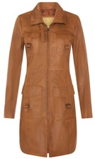 Ladies Leather Trench Coat Tan Brown 100% Lamb Leather Vintage Parker Jacket