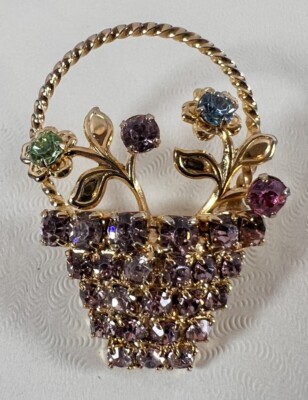 Rhinestone Gem Spring Easter Flower Basket Pin Brooch 1 1/2'' Gold Tone Vintage 