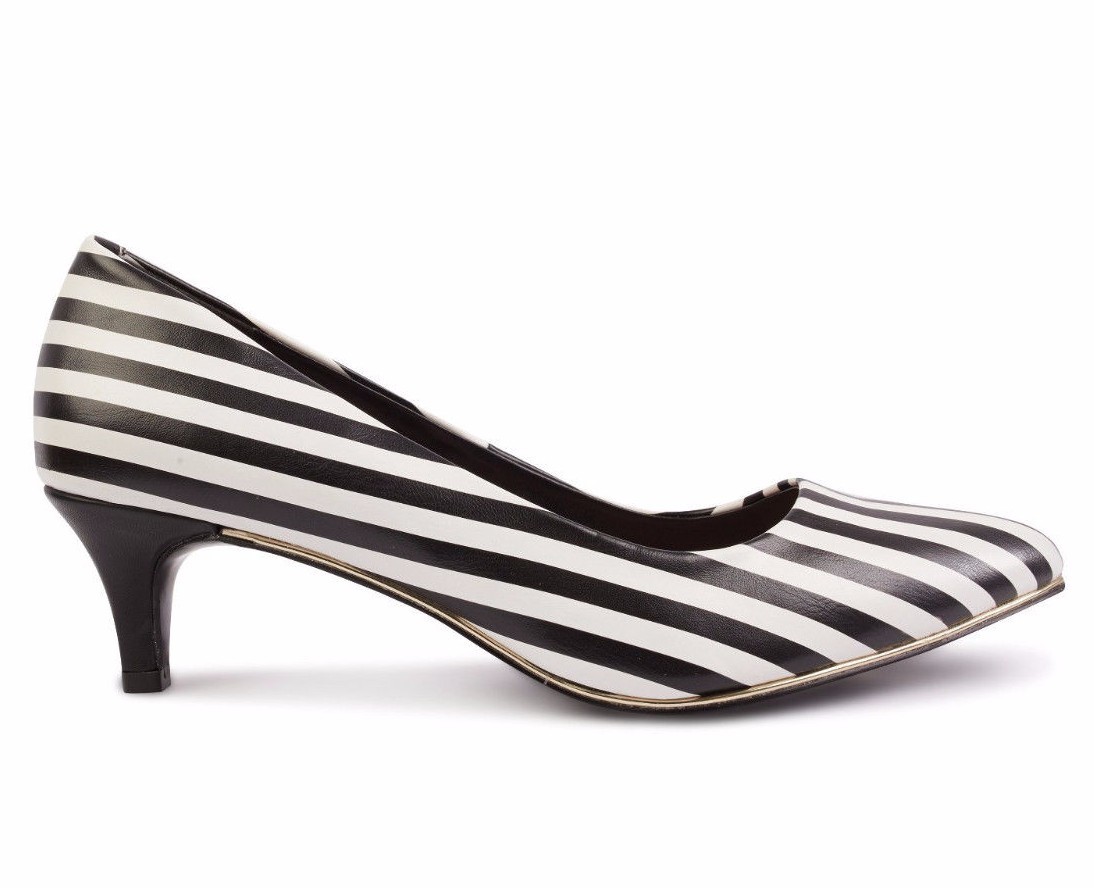 GIRLIE Kitten Heel Court Shoes Striped Black White/ Suede Leather Red/ Black GIRLIE Kitten Heel Court Shoes Striped Black White/ Suede Leather Red/ Black