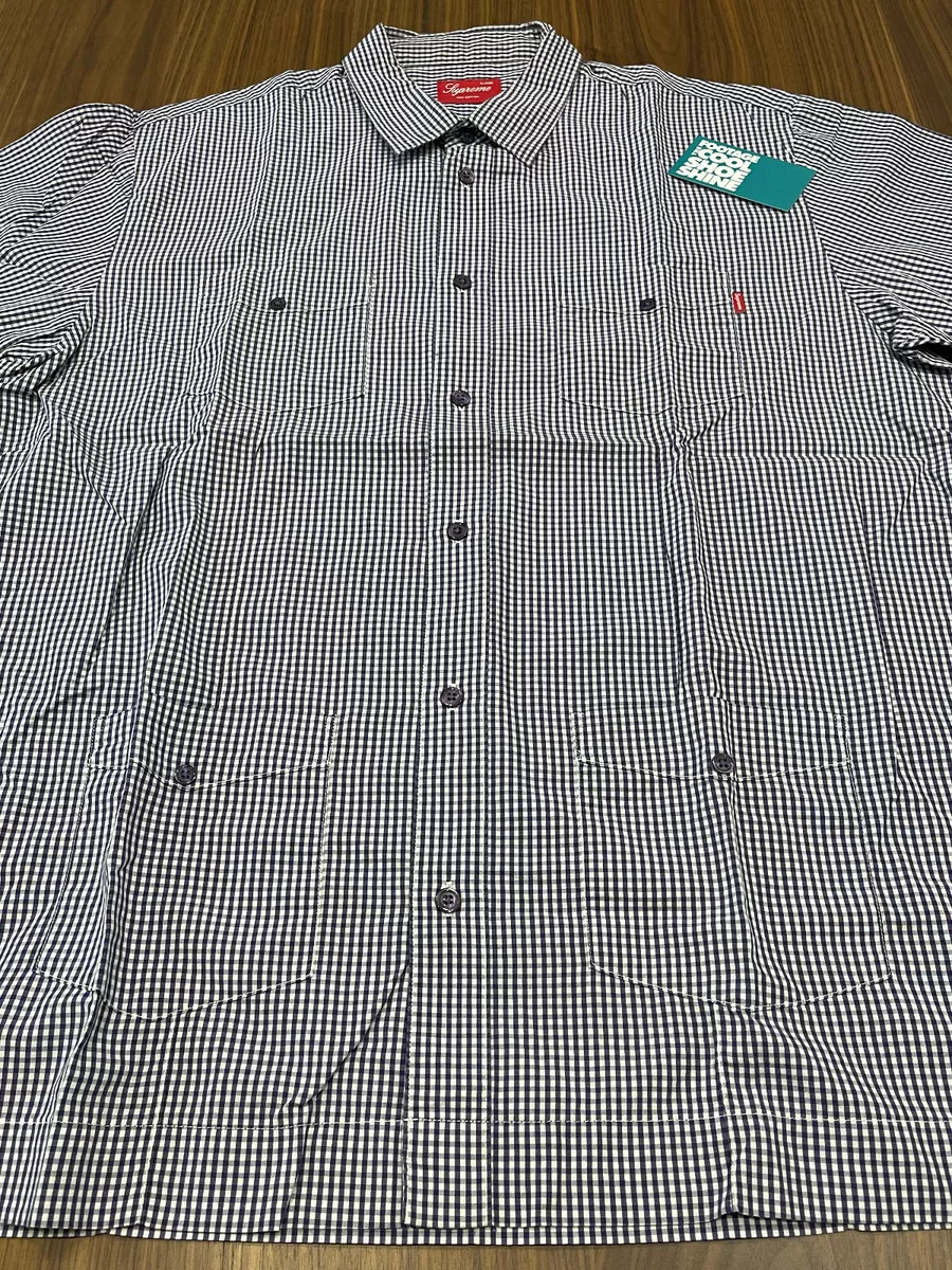 VINTAGE 2000s SUPREME GINGHAM PLAID 4-POCKET S/S BUTTON-UP SHIRT PURPLE  WHITE XL