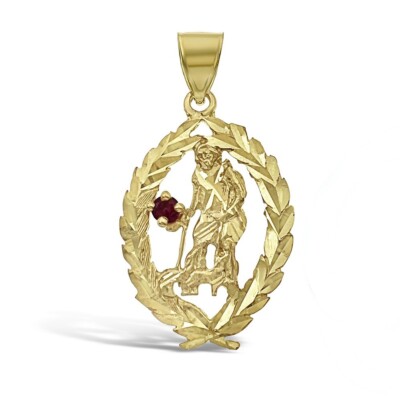 Sant Lazarus Pendant Charm 10k Yellow Gold Simulated Ruby 1.6 inch