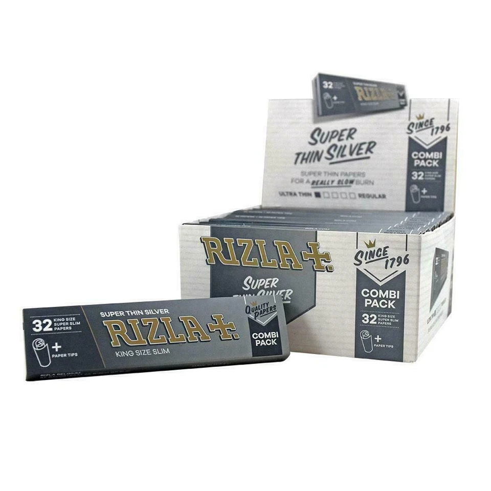 RIZLA SILVER COMBI Connoisseur King Size Slim Smoking Rolling Paper & Roach Tips
