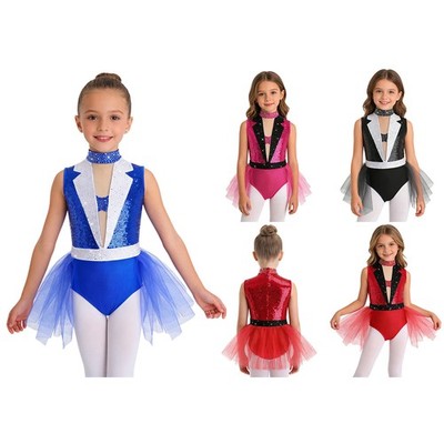 Girls Tutu Leotard Keyhole Sequin Mesh Patchwork Dance Dress Competition Salsa