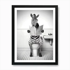 Zebra Sitting On An Open Toilet Rea Framed Wall Art Poster Canvas Print Picture