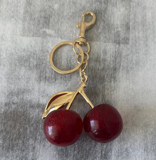 Cherry Pair w Leave Red Glitter Keychain Fob Purse Charm Gold