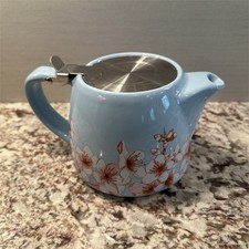 Unmarked Blue Floral Ceramic Tea Pot w/ Stainless Steel Infuser, Glossy