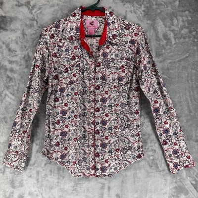 Wired Heart Womens pearl snap Shirt Floral Print Red Blue White Size s
