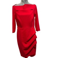 ALEX EVENINGS Red Boat Neck Sheath Dress Size 14 Pleated Evening Cocktail Glam