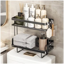 2-Tier Over Toilet Storage, Bathroom Organizer with 4 Hooks and 2 Suction Cup...