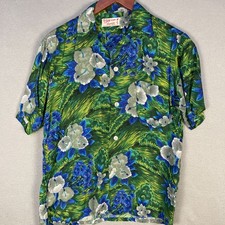 Vintage 50s Surf  Sun Hawaiian Shirt Rayon Japan Green Hibiscus Floral M
