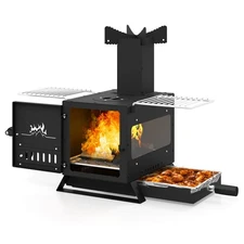 Wood Burning Stove w/Heat Resistant Glass Window, Grill Net,, Stainless Steel