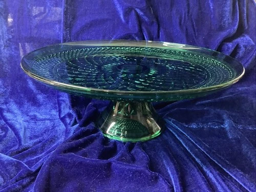 Vintage Anchor Hocking Wexford Green Cake Plate Diamond 12" Elevated Platter