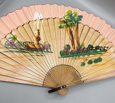 Vintage Hand Painted Wood Hand Fan W/Asian Designs/Theme.