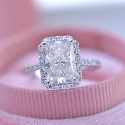12x8mm Radiant Cut Moissanite Halo Wedding Engagement Ring 14k White Gold Plated