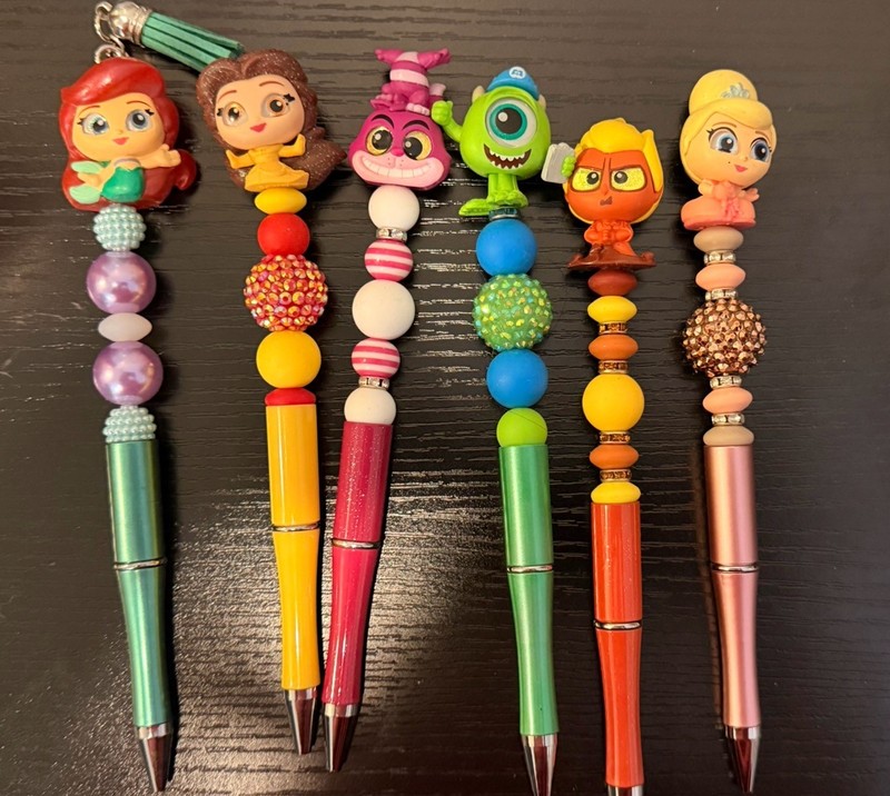 Lot of 6 Plastic Beaded Character Topper Ballpoint Pens, Assorted Colors