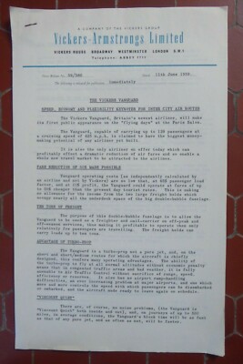 1959 DOCUMENT VICKERS ARMSTRONGS AIRCRAFT VANGUARD TURBOPROP AIRLINER ROLLS TYNE