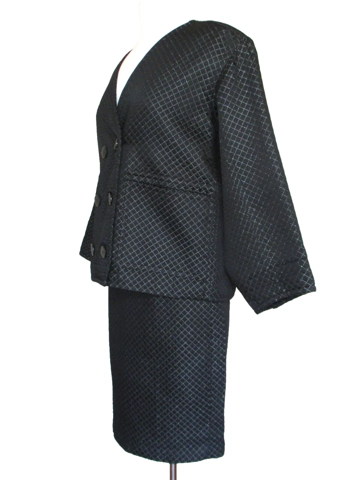 De Colección Bill Blass Falda Traje Pequeño Mujer Negro Acolchado Hilo Plateado Chaqueta Cuadrada Foto 2 de 4