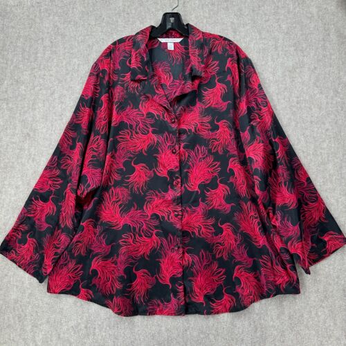 Cacique Intimates Pajama Top 22/24 Red Floral Satin Button Up Sleep Shirt