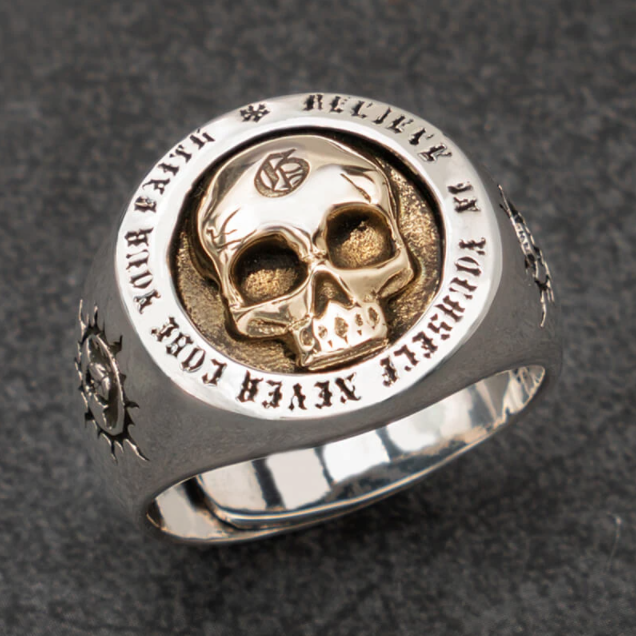 Bague Homme Argent 925 Tête De Mort Bicolore Doré - Chevalière Neuve