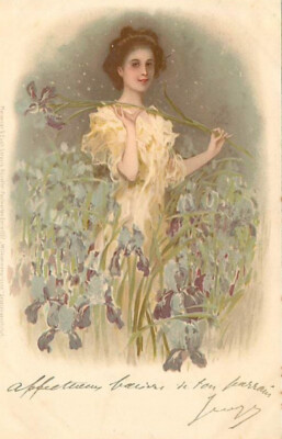 Oblaten scrap chromo Karte Jugendstil Dame Blumen MB Serie 1137-3 13,9 cm