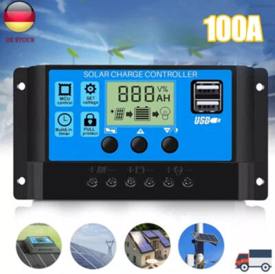 WERCHTAY Solar Laderegler 12V-24V 100A PWM Solar Photovoltaik Laderegler Daul USB Regler