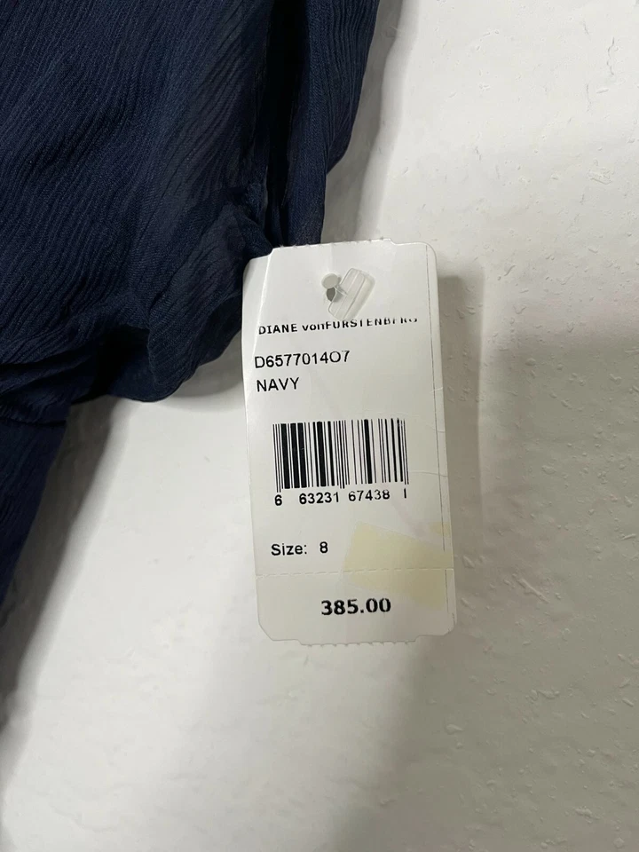 NUEVO Vestido Tull Diane von Furstenberg Seda Gasa Azul Marino Talla 8 Acanalado R Foto 3 de 4