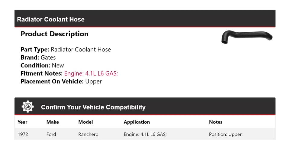 For 1972 Ford Ranchero 4.1L L6 GAS Radiator Coolant Hose Upper Gates - Image 2 of 4
