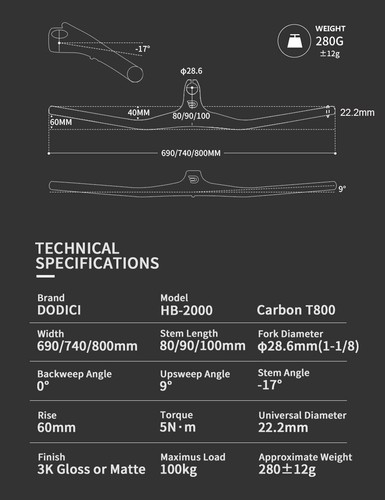 Carbon MTB Bicycle Integrated Handlebar -17° Mountain Bike Flat Bar 690-800mm - Picture 17 of 38