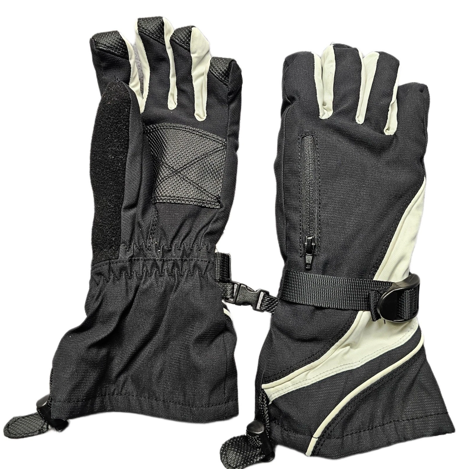 Insulated Ski Gloves Black White Zipper Pocket Adjustable Wrist Drawstring Cuffs