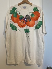 Vintage Happy Halloween Pullover Sweatshirt Puff Paint Cats Pumpkin White XXL