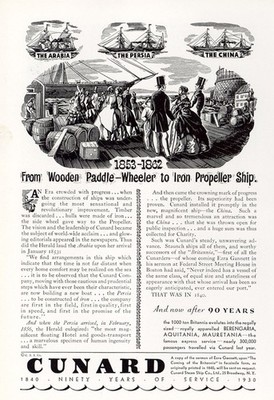1930 Cunard: From Wooden Paddle Wheeler to Iron Propeller Ship Vintage Print Ad