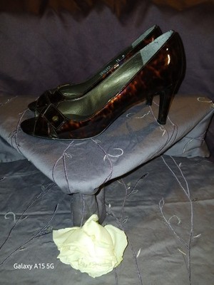 Stuart Weitzman Brown Tortoiseshell Patent Leather Open Peep-Toe Pumps