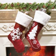 2PCS Christmas Stockings 18Inch Burlap with Plush Cuff Holiday Decor