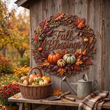 Metal Fall Blessings Wreath Sign, Rustic Pumpkin Autumn Maple Leaf Wall Decor