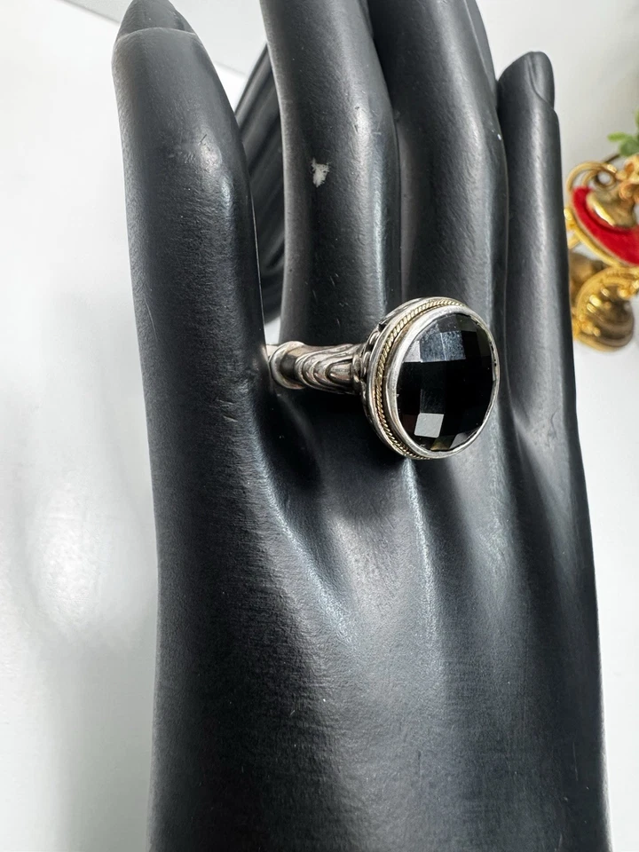 Anillo de lujo EFFY de plata de ley 925 y oro de 14 quilates de ónix negro talla 8,75 ornamentado firmado Foto 3 de 4