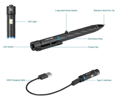 Olight OPEN 2 ZR Zirconium Pen w/LED light, 120 Lumens, USB-C