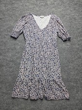 Luxology Dress Womens Sz S Navy Blue Floral V-Neck Smocked Puff Sleeve Ruffle