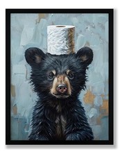 Framed Cute Black Bear Bathroom Canvas Wall Art Decor, Funny Animal Bathroom ...